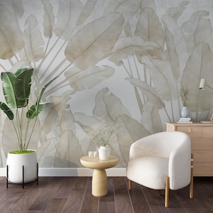 Neutral Pastel Tropical Leaf Removable Wallpaper Roll - Modern Tropical Forest in Boho Style Temporary Wallpaper Mural for Renters