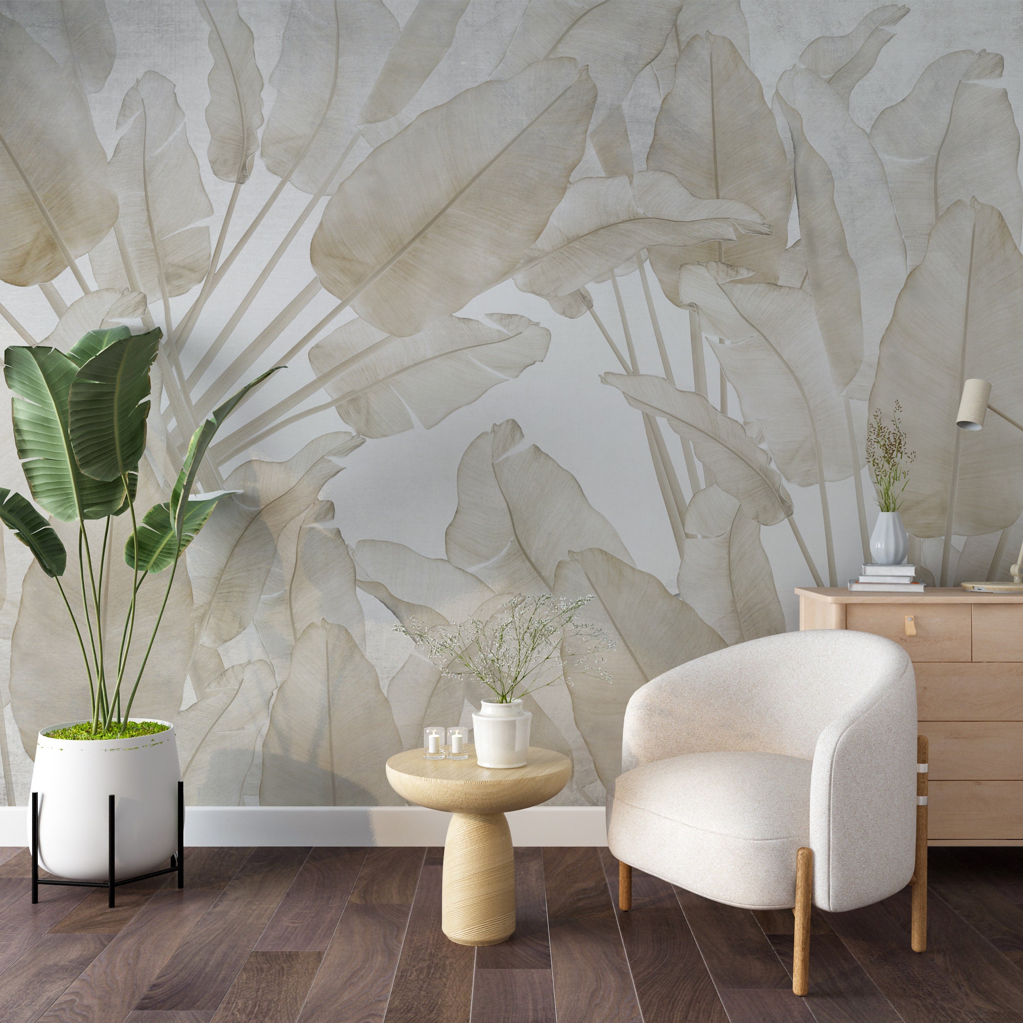 Soft Beige Tropical Banana Leaf Print Peel and Stick Wallpaper Mural ...
