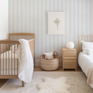Light Blue Farmhouse Striped Self Adhesive Wallpaper – Blue & Beige Elegant Temporary Renters Wallpaper for Living Room, Kitchen