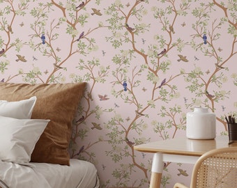 Vintage Chinoiserie Wallpaper Peel and Stick - Botanical and Bird Chinoiserie WallArt, Temporary Wall Covering for Renters