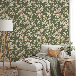 Chinoiserie Flower and Bird Removable Wallpaper on Green Background - Vintage Tree Botanical Peel and Stick Mural
