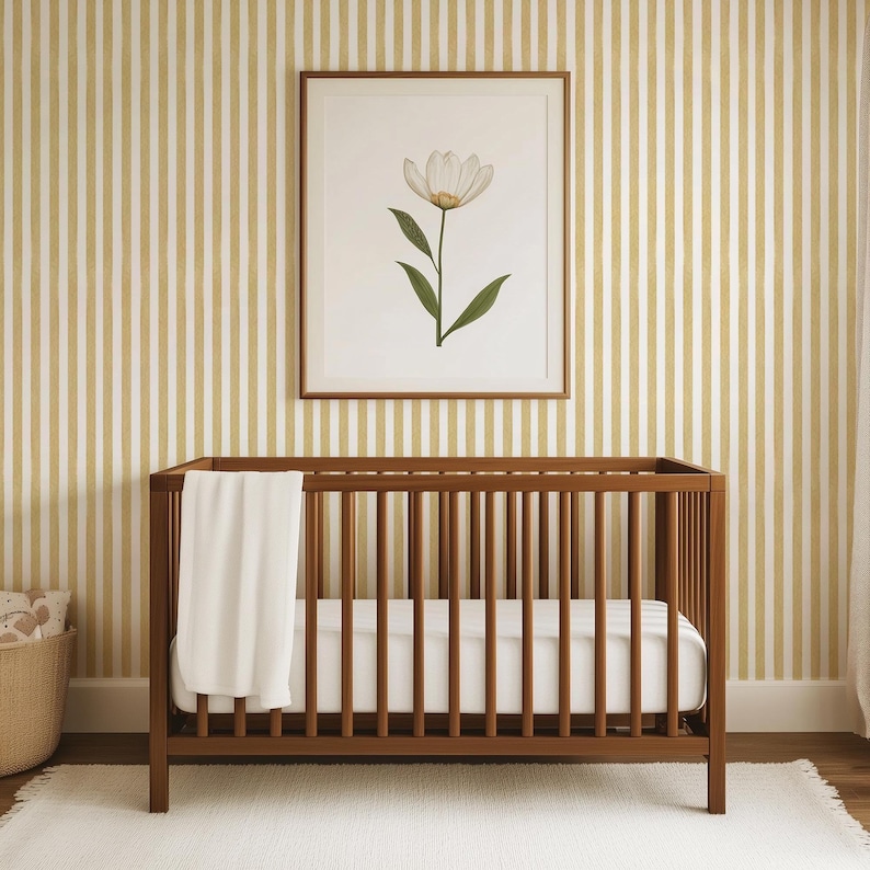 Vertical Mustard Stripe Wallpaper Peel and Stick - Neutral Tone Yellow Striped Renter Friendly Wallpaper, Modern Aesthetic Farmhouse Design