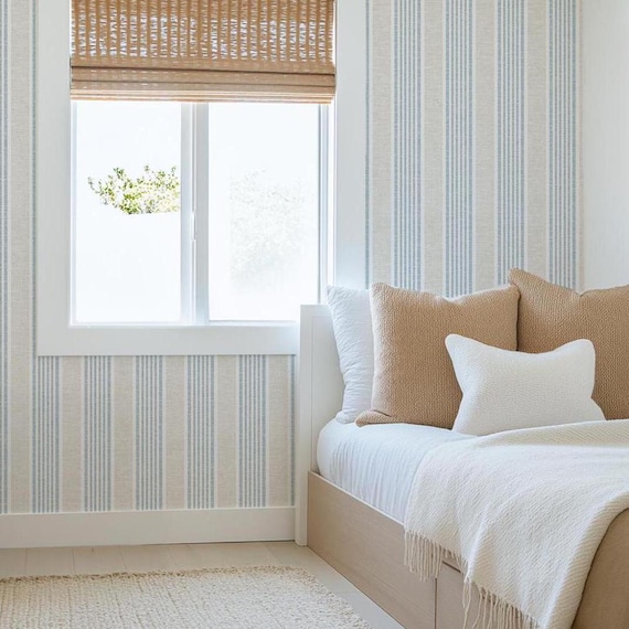 Light Blue Farmhouse Striped Self Adhesive Wallpaper – Blue & Beige Elegant Temporary Renters Wallpaper for Living Room, Kitchen EW304