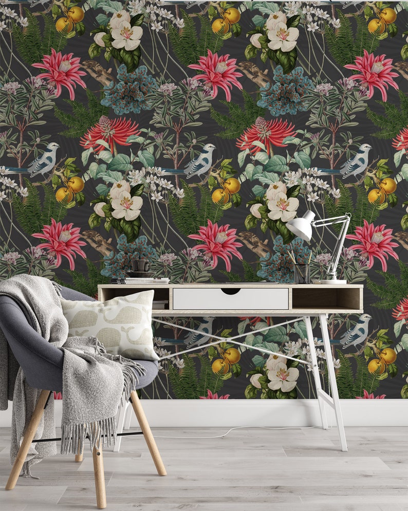 Peel and Stick Wallpaper Floral Mural Jungle Wallpaper Etsy
