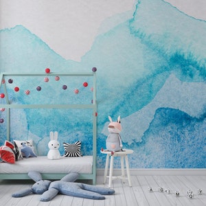 Removable Wallpaper Wall Art Blue and White Wall Decor Peel and Stick Wallpaper Blue Abstract Wall Art Blue Ombre Watercolor Wallpaper