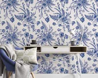 Peel and Stick Wallpaper Light Blue Removable Wallpaper Wall Art Wallpaper Floral Wall Decor Blue Floral Nursery wallpaper Botanical Mural