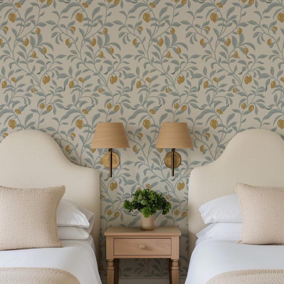 Dusty Green Olive Tree Wallpaper Peel and Stick - Modern Mediterranean Self Adhesive Wallpaper,Olive Branch Farmhouse Accent Wall Design 316