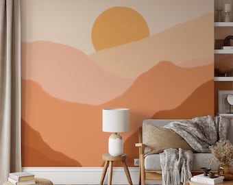 Boho Orange Landscape Wallpaper Mural - Whimsical Minimalist Mountain Wall Art Peel and Stick Mural for Renters