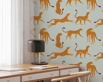 Cheetah Print on Sage Green Background Peel and Stick Wallpaper for Renters - Exotic Animals Tropical Removable Wallpaper for Renters