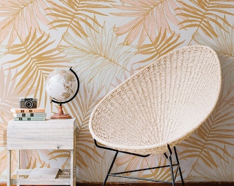 Peel and Stick Wallpaper Removable Wallpaper Wall Art Wallpaper Leaves Classic Boho Wallpaper Palms Wallpaper Yellow Wallpaper EW98