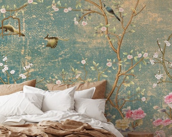 Vintage Florals on Grunge Wall Birds Green and Rose Sakura, Chinoiserie Mural Wallpaper Peel and Stick, Temporary Wallpaper for Renters
