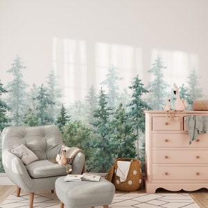 Pine Tree Forest Wallpaper Peel and Stick Watercolor Woodland Scenic Wallpaper Mural Girls Room