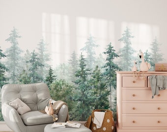 Pine Tree Forest Wallpaper Peel and Stick Watercolor Woodland Scenic Wallpaper Mural Girls Room EW80
