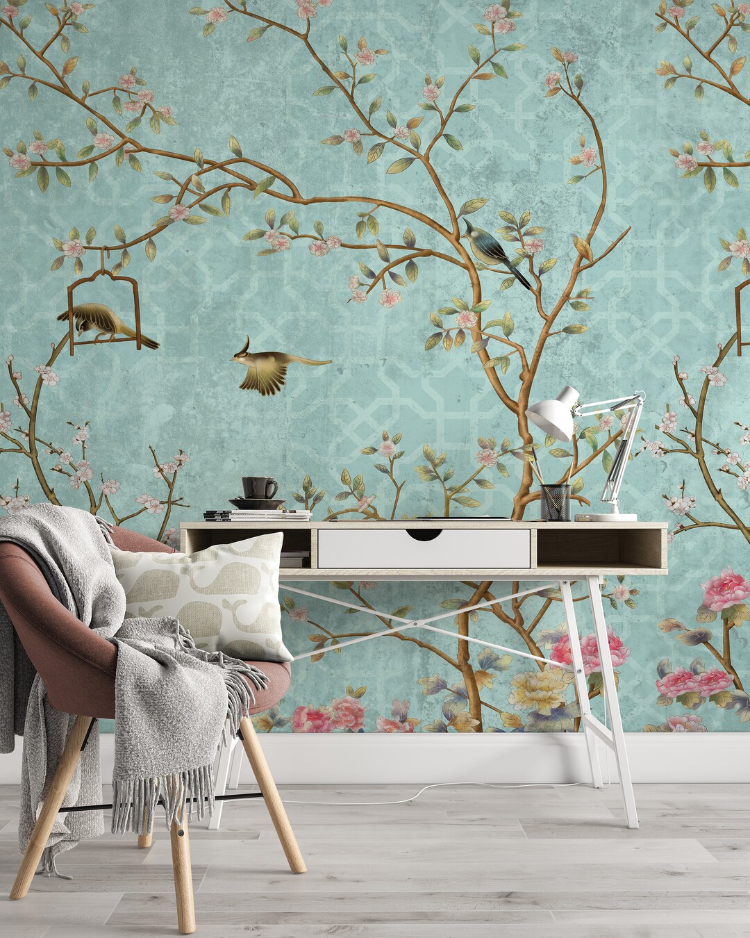 Removable Wallpaper Chinoiserie Wallpaper Peel and Stick Wall Mural Wallpaper Birds Vintage