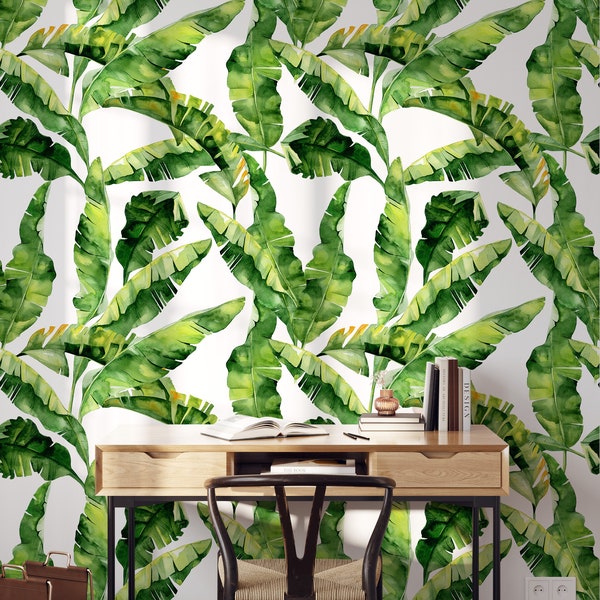 Peel and Stick Wallpaper Green Tropical Wallpaper Palms Wallpaper Removable Wallpaper Green Banana Leaf Wallpaper Tropical Mural