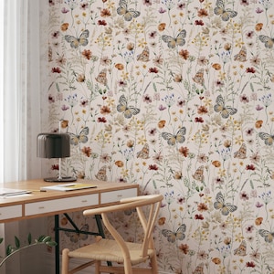Butterfly and Flower Peel and Stick Wallpaper - Watercolor Spring Botanical Unique Temporary Wallpaper - Luxury Wall Decor for Renters