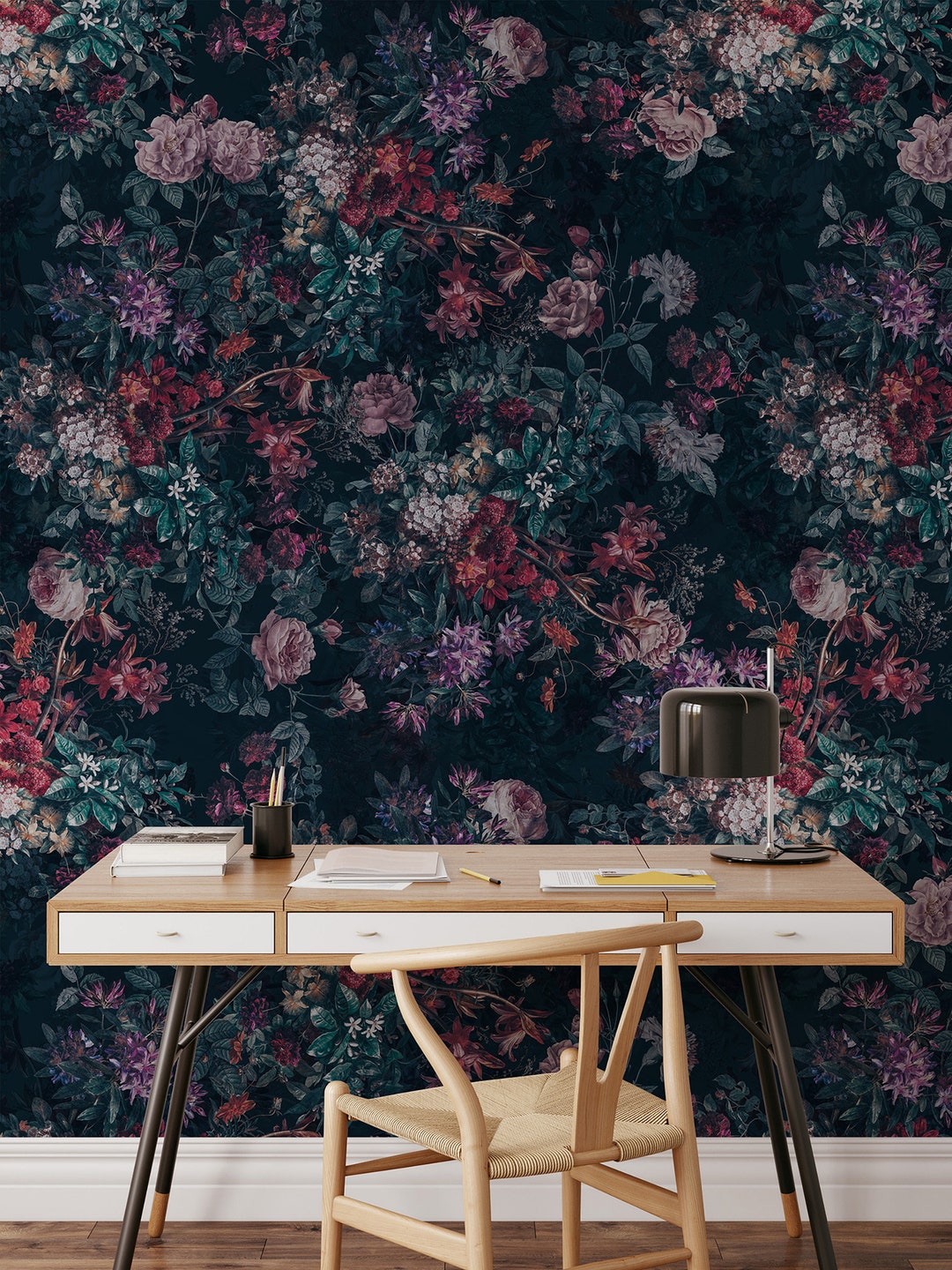 Dark Floral Peel and Stick Wallpaper Botanical Wall Mural Dark - Etsy