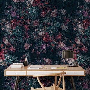 Dark Floral Peel and Stick Wallpaper Botanical Wall Mural Dark Floral Black Wallpaper Vintage Floral Wallpaper Wall Mural Large Wallpaper