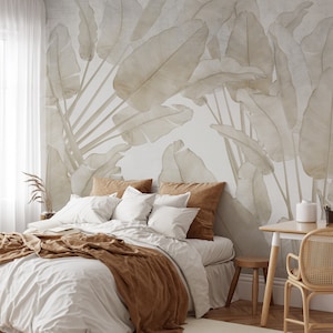 Soft Beige Tropical Banana Leaf Print Peel and Stick Wallpaper Mural - Modern Neutral Tropical Leaf Removable Wallpaper for Renters