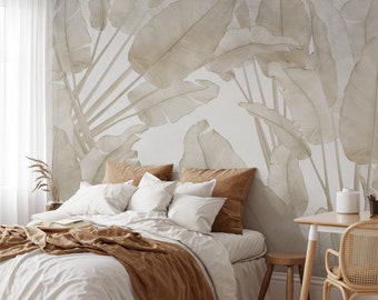 Soft Beige Tropical Banana Leaf Print Peel and Stick Wallpaper Mural - Modern Neutral Tropical Leaf Removable Wallpaper for Renters
