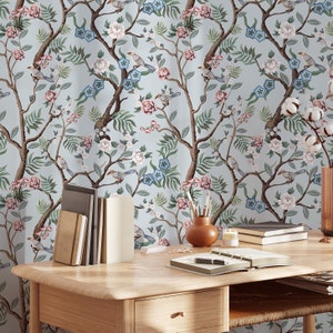 Light Blue Chinoiserie Wallpaper Peel and Stick - Bird and Flower, Vintage Oriental Temporary Wall Art for Renters