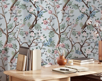 Light Blue Chinoiserie Wallpaper Peel and Stick - Bird and Flower, Vintage Oriental Temporary Wall Art for Renters