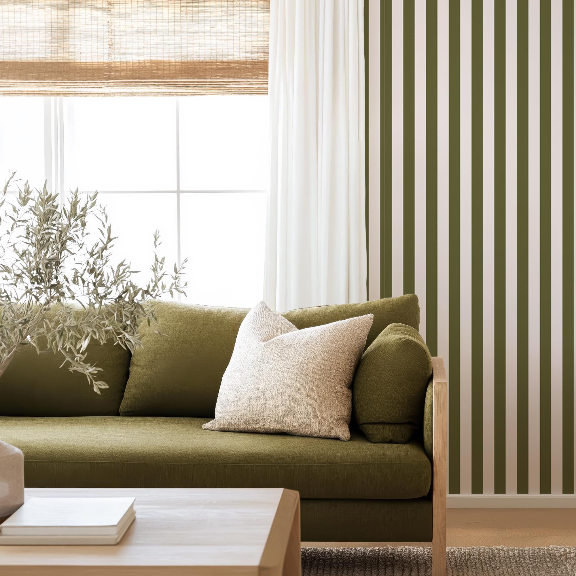 Sage Green Striped Peel and Stick Wallpaper – Vertical Neutral Stripe | Renter Friendly Wallpaper for Modern, Farmhouse, Office Spaces EW358