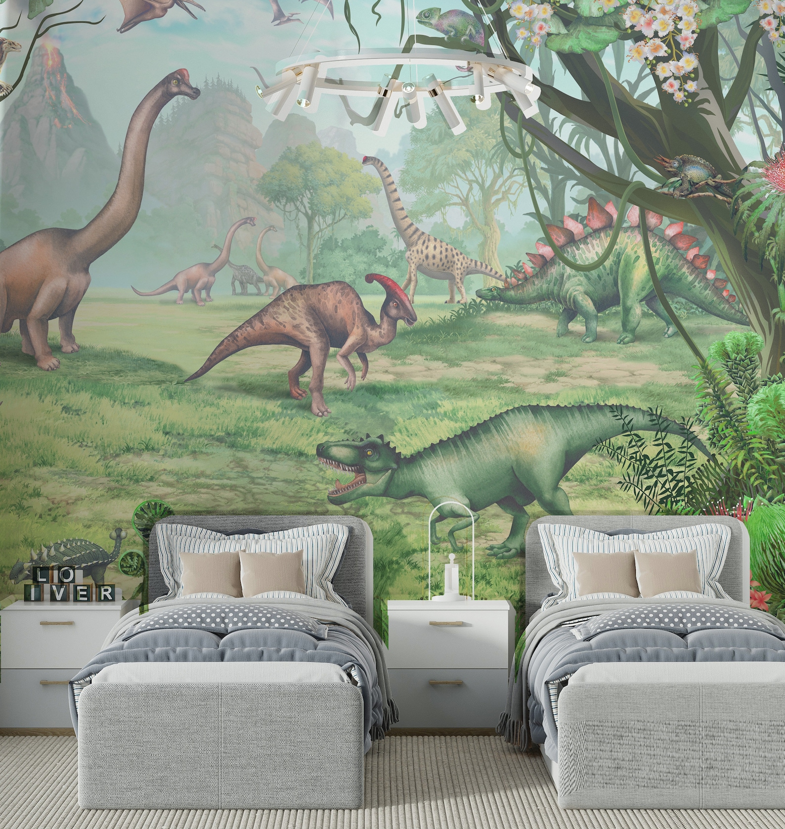 Dinosaur Wallpaper Nursery Mural Jurassic Jungle Forest With Cute ...