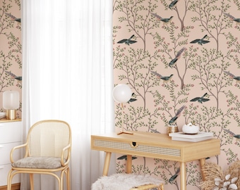 Peel and Stick Wallpaper Vintage Mural Wall Art Chinoiserie Wallpaper Garden Bird Wallpaper Modern Decor Botanical Wallpaper
