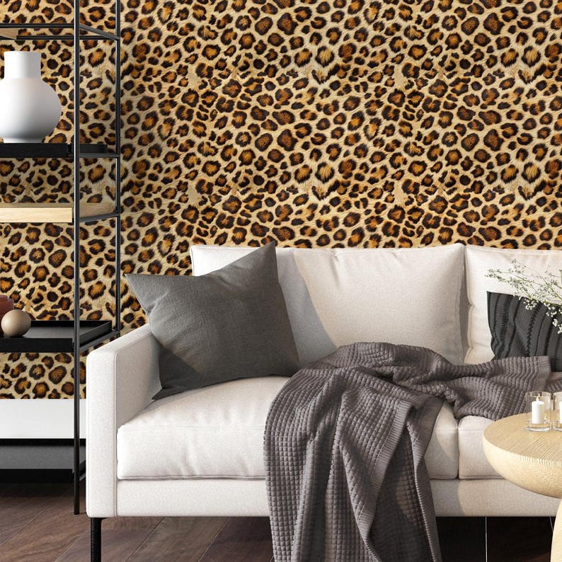 Glamour Leopard Fur Print Peel Stick Wallpaper for Living Room - Wild Animal Print Wall Covering, Temporary Wallpaper for Renters