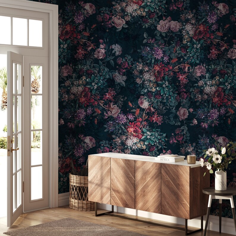 Dark Floral Peel and Stick Wallpaper Botanical Wall Mural Dark Floral ...