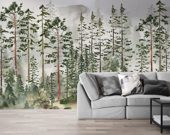Green Tree Wallpaper Foggy Forest Green Forest Print Wall Art Watercolor Forest Tree Wallpaper Green Forest Peel and Stick Wallpaper