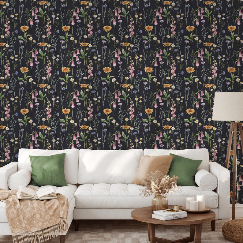 May include: A black wallpaper with a repeating pattern of watercolor wildflowers in shades of pink, yellow, and blue. The flowers are arranged in vertical rows and are set against a dark background.