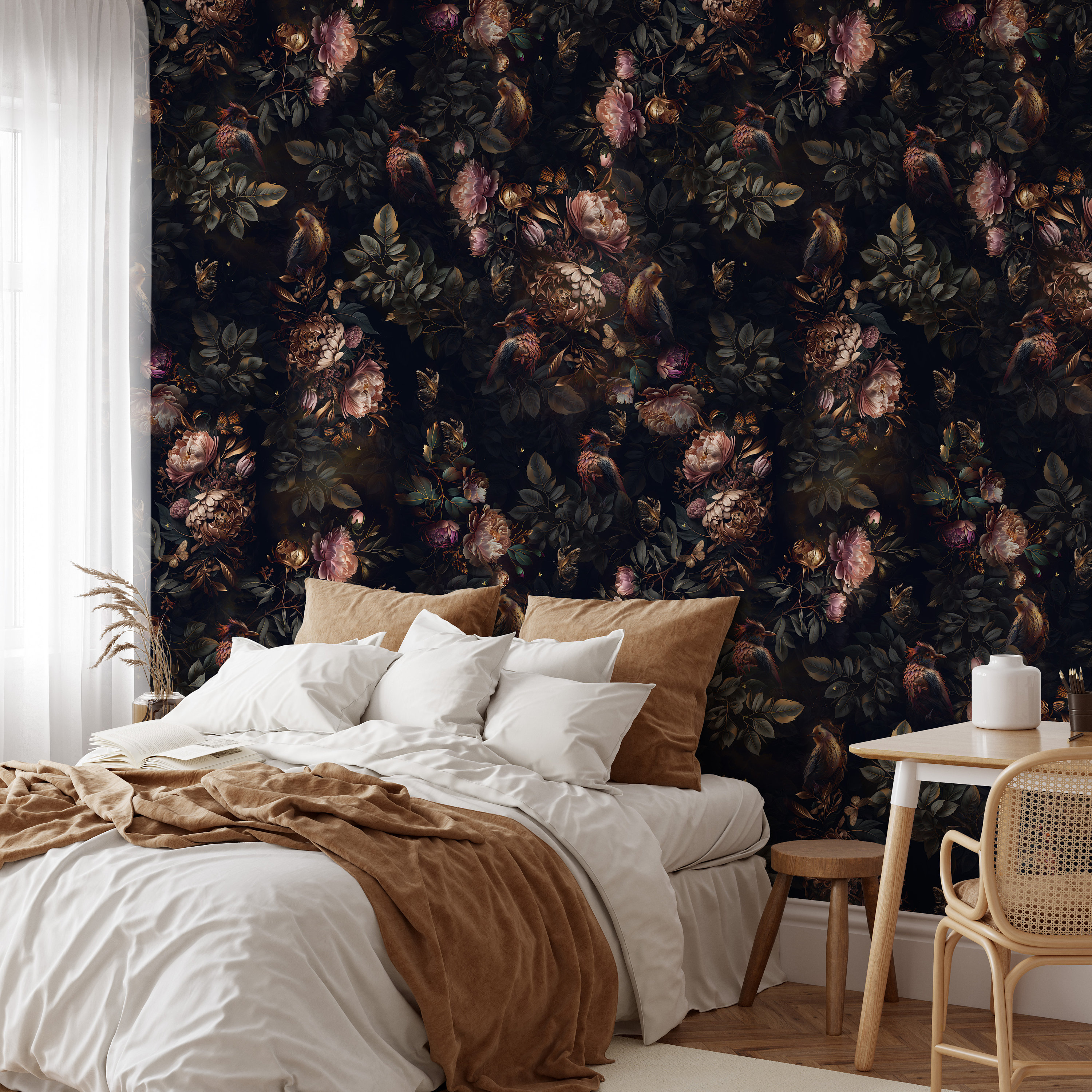 Dark Wallpaper Floral Mural Peel and Stick Botanical Wall Mural Black ...