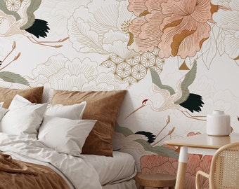 Vintage Japanese Crane Bird and Flower Wallpaper Mural in Oriental Style - Asian Peel and Stick Large Scale Mural, Floral Wall Decor