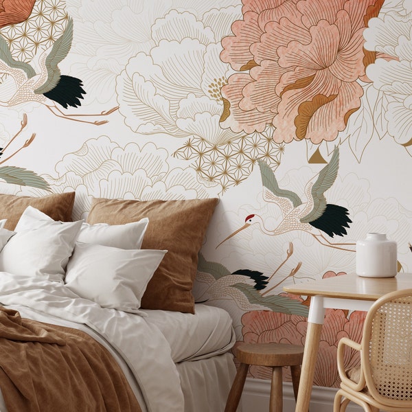 Vintage Japanese Crane Bird and Flower Wallpaper Mural in Oriental Style - Asian Peel and Stick Large Scale Mural, Floral Wall Decor