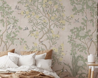 Beige Chinoiserie Flower and Tree Wallpaper Peel and Stick Mural - Luxury Vintage Chinoiserie Tree and Bird Temporary Wall Art for Renters