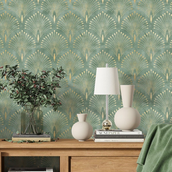 Green Art Deco Style Wallpaper Peel and Stick - Modern Geometric Luxury Temporary Accent Wallpaper for Renters