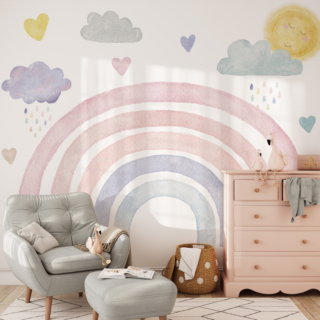 Boho Rainbow Girl Nursery Mural Wallpaper - Large Scale Pastel Rainbow ...