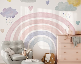 Boho Rainbow Girl Nursery Mural Wallpaper - Large Scale Pastel Rainbow Playroom Temporary Wallpaper for Baby Room Decor