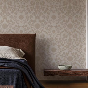 Beige Vintage Floral Peel and Stick Wallpaper Inspired by William Morris - Elegant Classic Botanical Wallpaper, Luxury Accent Wallcovering
