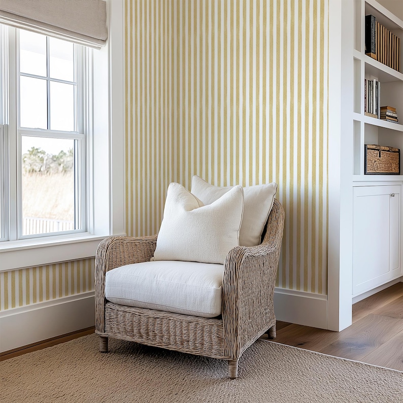 Vertical Mustard Stripe Wallpaper Peel and Stick - Neutral Tone Yellow Striped Renter Friendly Wallpaper, Modern Aesthetic Farmhouse Design