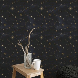 Pu&ograve; includere: Una carta da parati blu scuro con un motivo a costellazione dorata. In primo piano uno sgabello di legno e due pouf intrecciati.