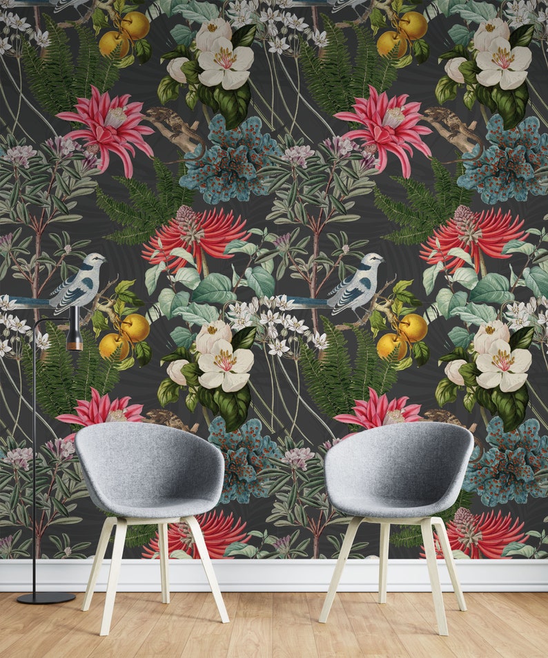 Peel and Stick Wallpaper Floral Mural Jungle Wallpaper Etsy