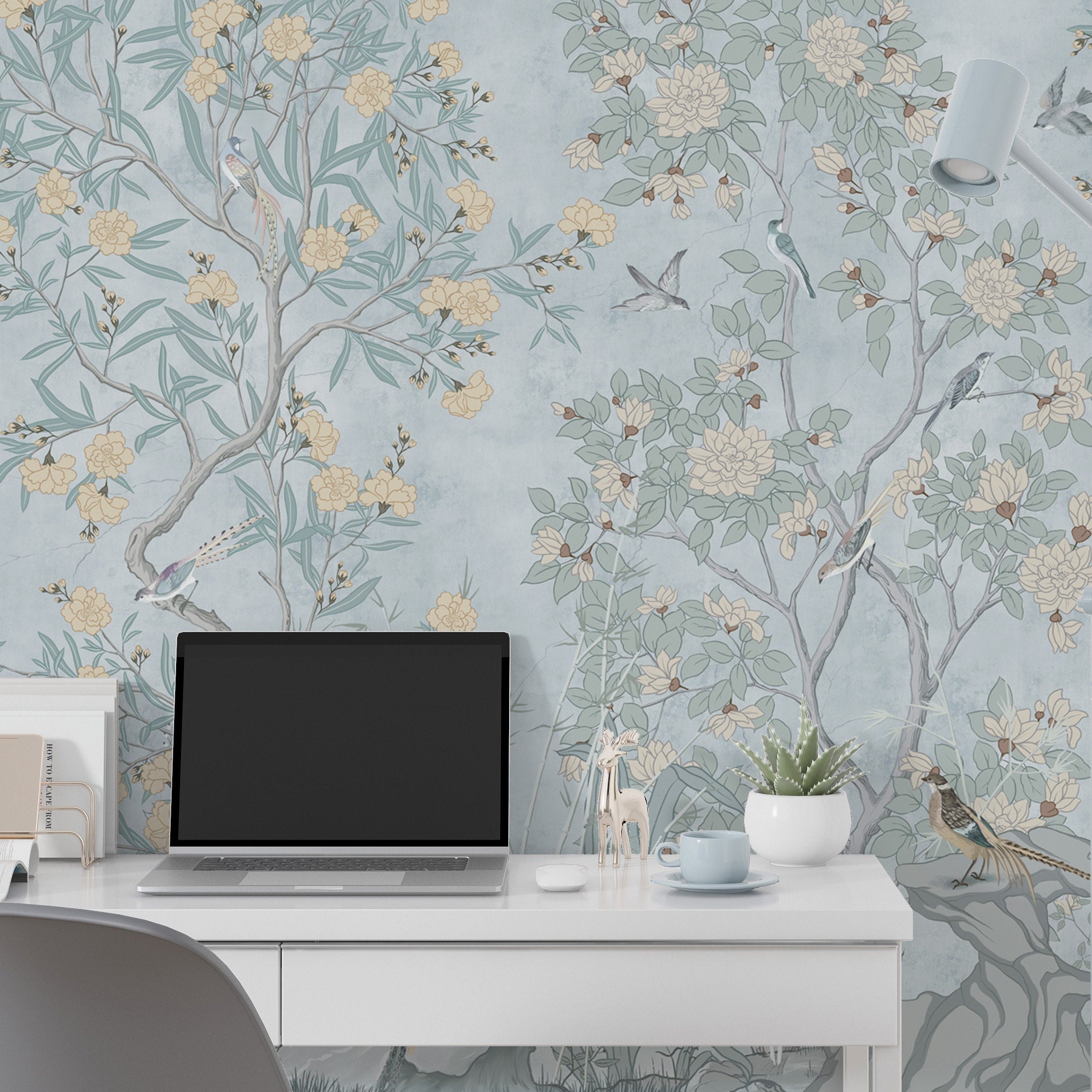 Vintage Chinoiserie Flower Wallpaper Peel and Stick Mural - Chinoiserie Bird and Tree Luxury Light Blue Temporary Wall Art for Renters