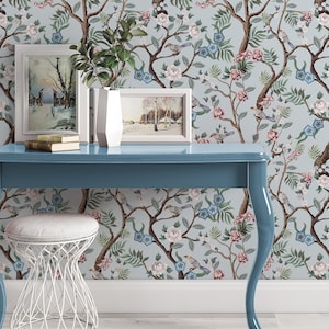 Blue Chinoiserie Wallpaper with Birds Removable Wallpaper Peel and Stick Wallpaper Birds and Trees Wallpaper Light Blue Mural Wallpaper