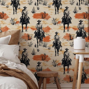 Dark Western Cowboy Theme Wallpaper Peel and Stick - Vintage Cowboy Rodeo Bull and Horse Boho Beige Removable Wild West Wallpaper for Renter