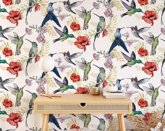 Removable Wallpaper Hummingbird Decor Peel and Stick Wallpaper Tropical Hummingbird Mural Floral Self Adhesive Hummingbird Print