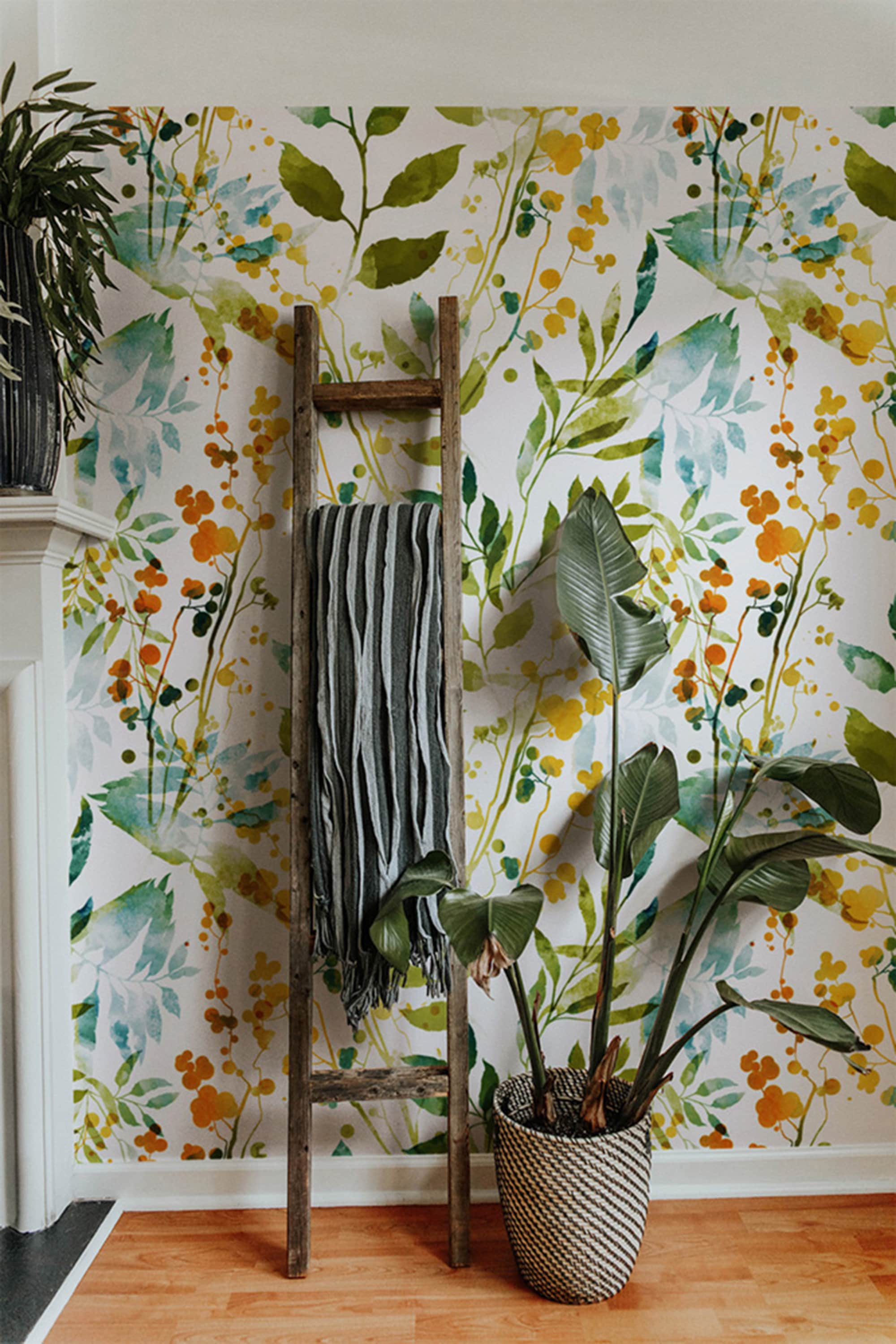 Removable Wallpaper Floral Peel and Stick Wallpaper Wall Mural Boho Wallpaper Art Deco Watercolor Wallpaper Botanical Green Wallpaper