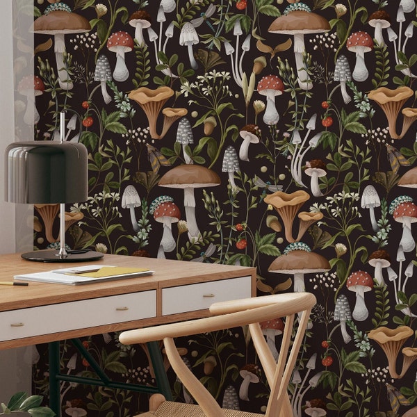 Dark Woodland Mushroom Wallpaper Peel and Stick - Vintage Botanical Luxury Wall Decor Forest Temporary Wallpaper for Renters